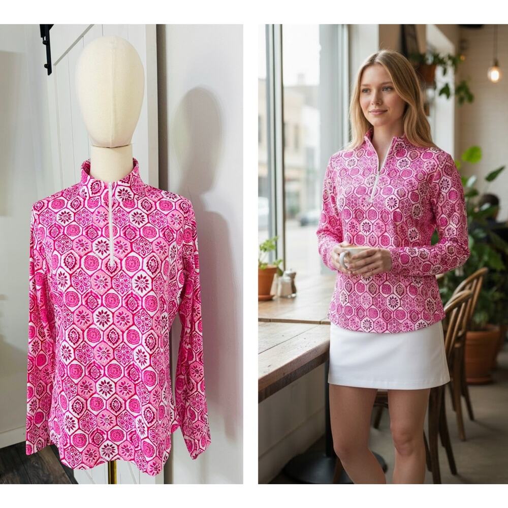 IBKUL Size M Josie Pink Long Sleeve Mock Neck Shirt Top UPF 50